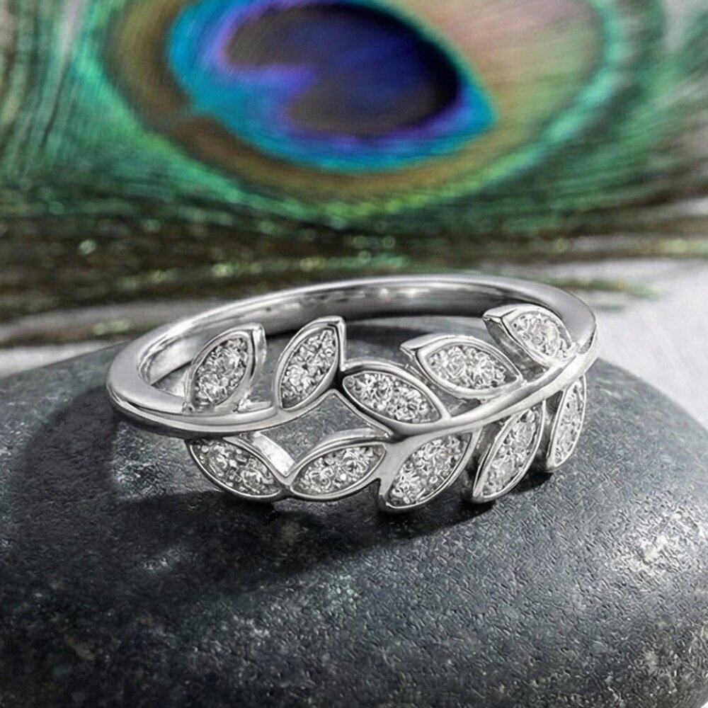925 Sterling Silver Cubic Zirconia Leaf Branch Ring Size 6 Nature Boho Minimal